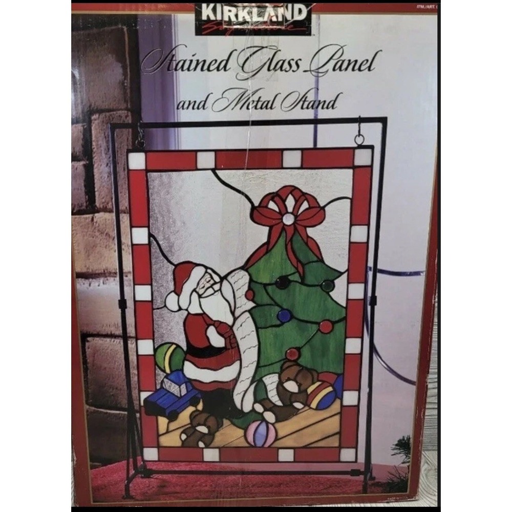 Kirkland Christmas Tree Santa Stained Glass Panel Metal Stand Decoration 678808